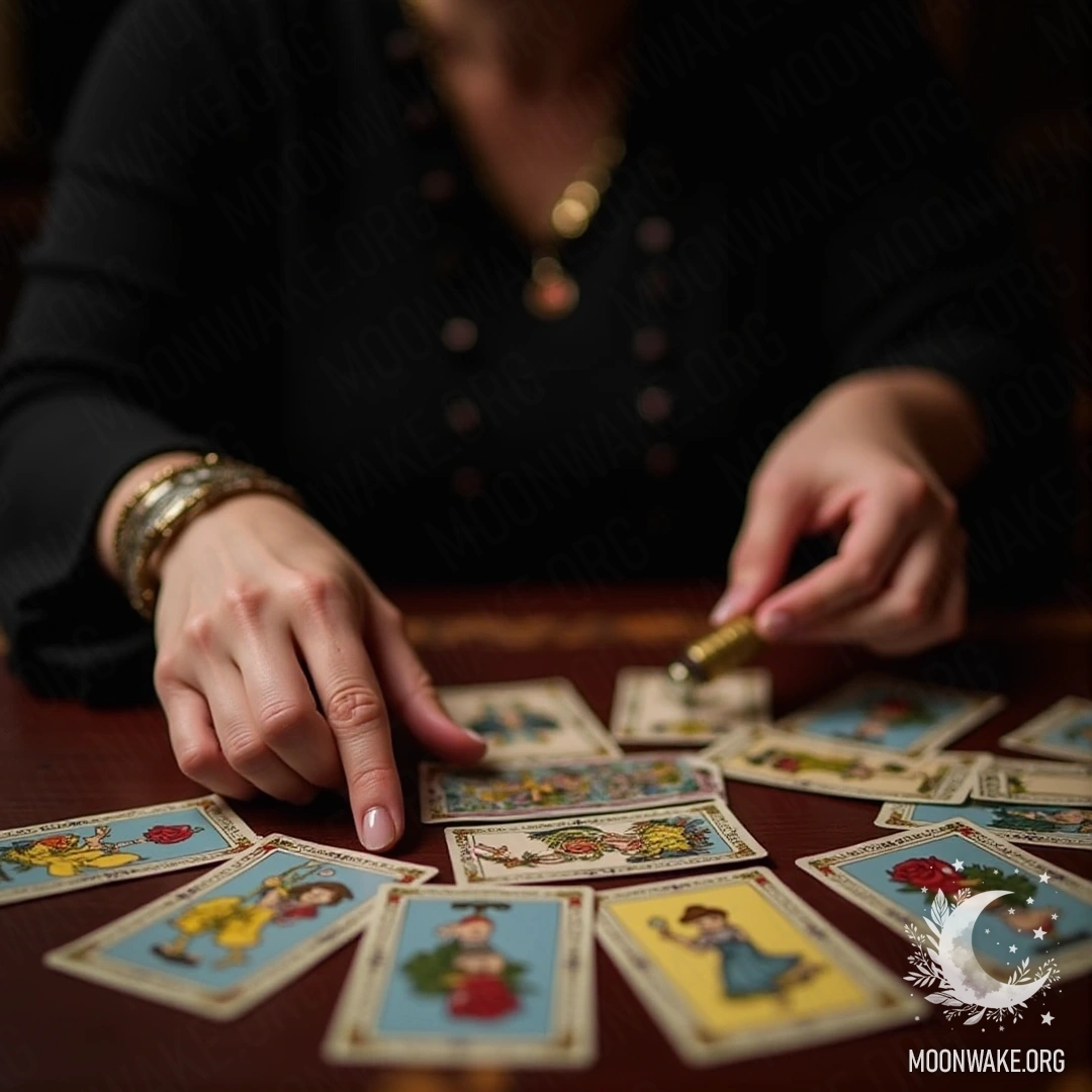 A fortune-teller with a deck of Lenormand cards spread on the table during a divination session