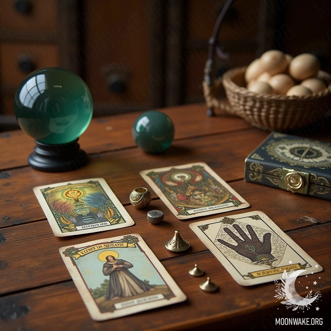 A collection of historical divination tools, such as tarot cards, runes, crystal balls, and palmistry charts on a wooden table