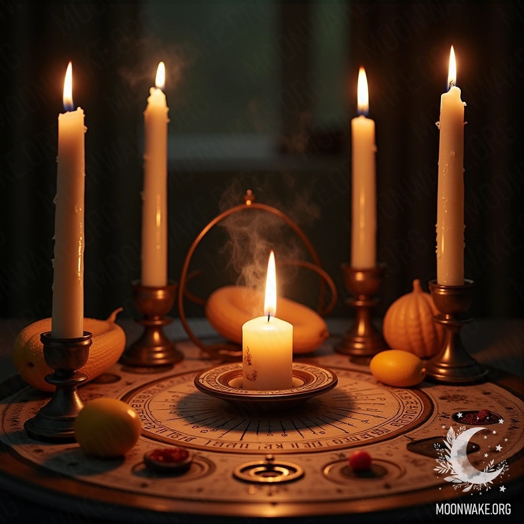 A mystical scene with candles, a flame, and symbols representing divination by candlelight