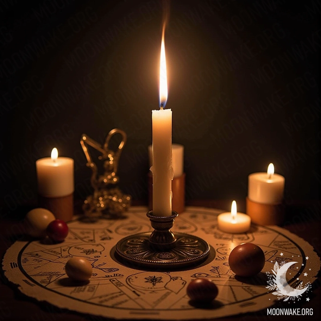 A mystical scene with candles, a flame, and symbols representing divination by candlelight
