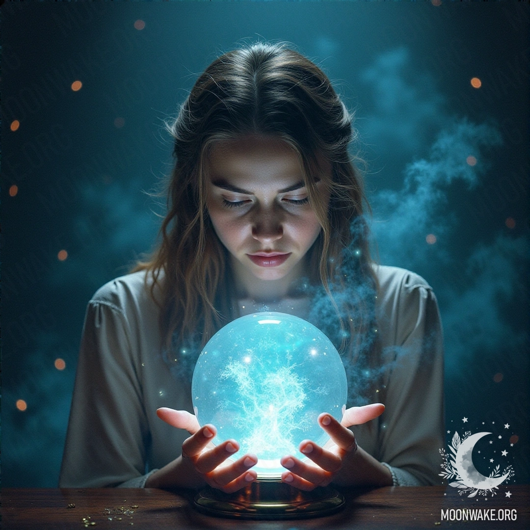 A mystical scene with a crystal ball and a person gazing into it, symbolizing divination as a means of self-discovery