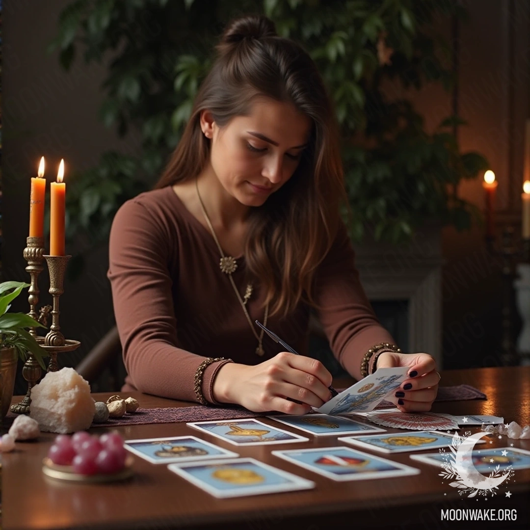 A person at a table studying tarot cards, surrounded by spiritual and mystical items such as crystals and candles