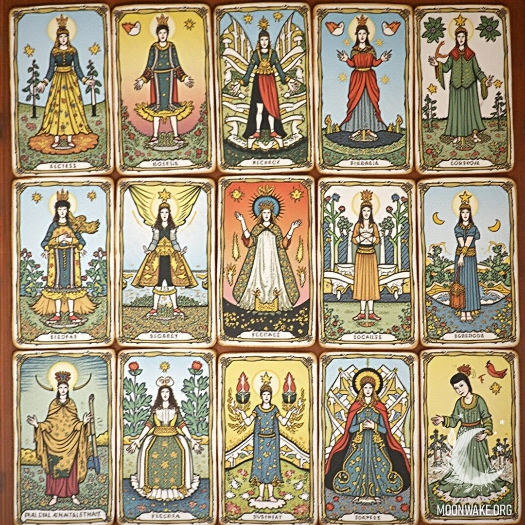 Tarot card spread with intricate illustrations and symbols, representing tarot as a method of divination and self-reflection